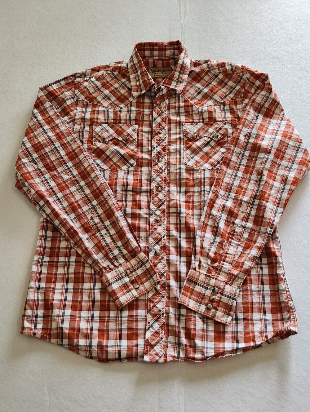 Wrangler Western Retro Men's Orange Plaid Long-Sleeve Snap Shirt Size Large Tall